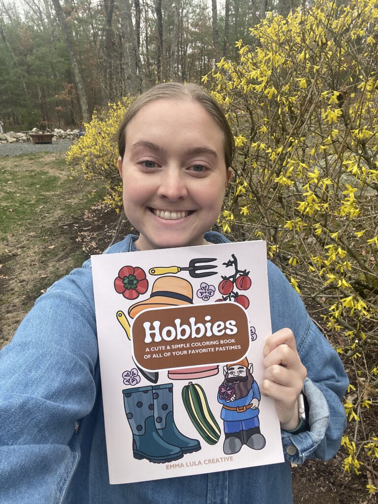 Emma of Emma Lula Creative with first coloring book, Hobbies: A Cute & Simple Coloring Book of All Your Favorite Pastimes