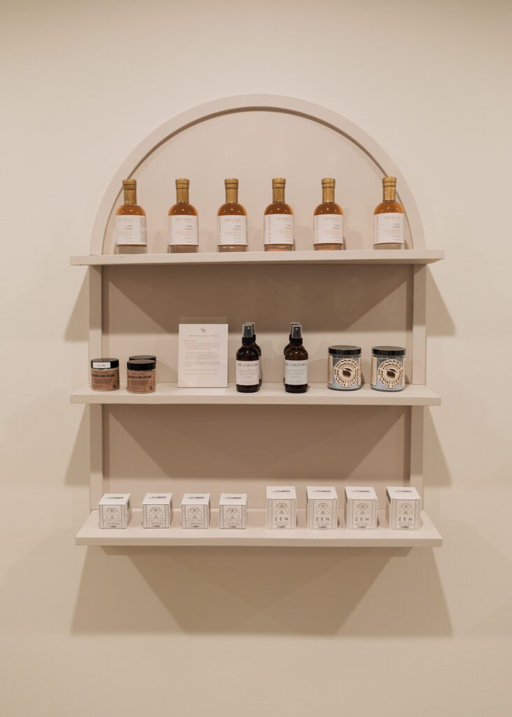 Shelves of products for branding photography session.