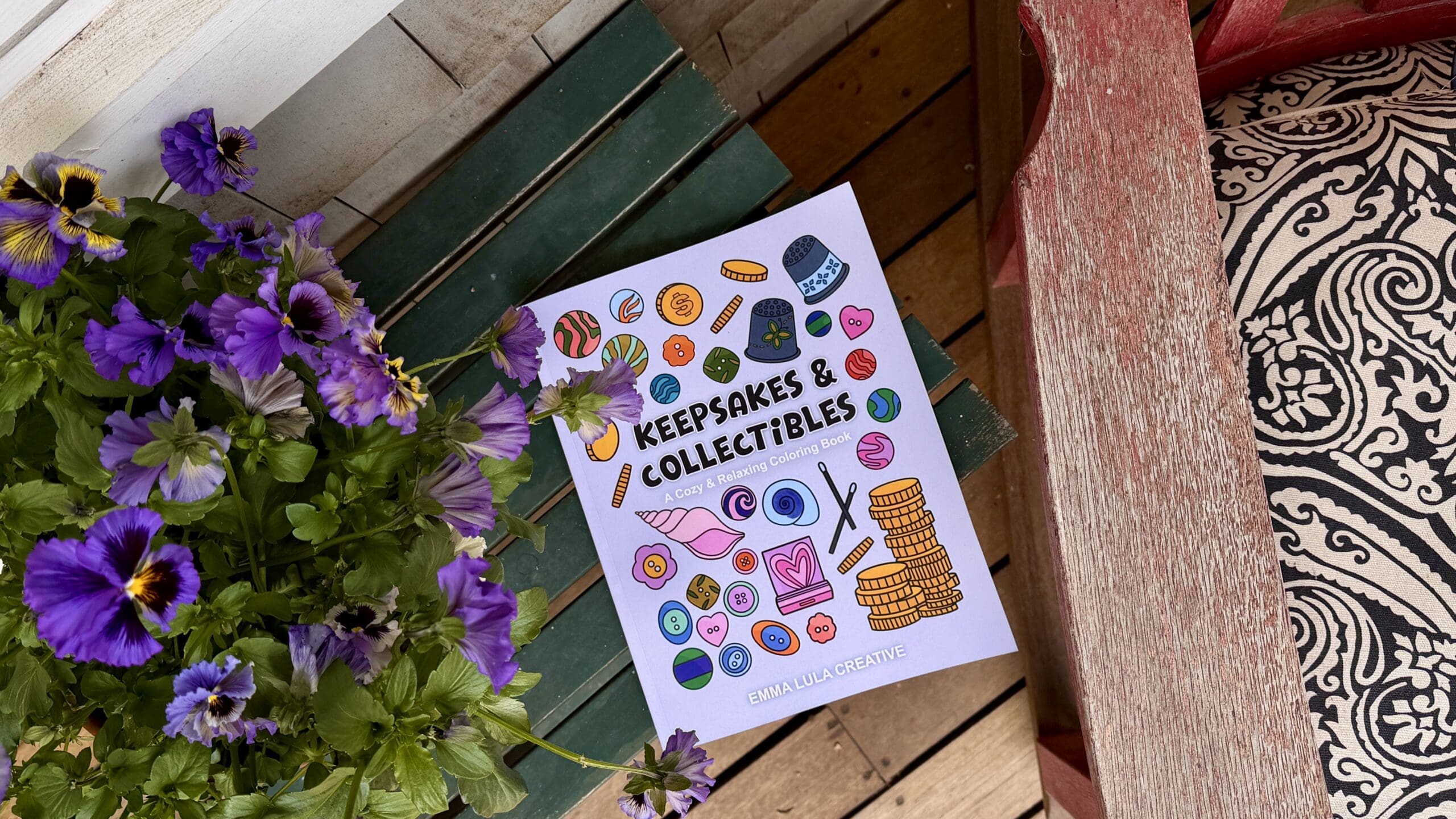 Keepsakes & Collections: A Cute & Simple Coloring Book on a table.