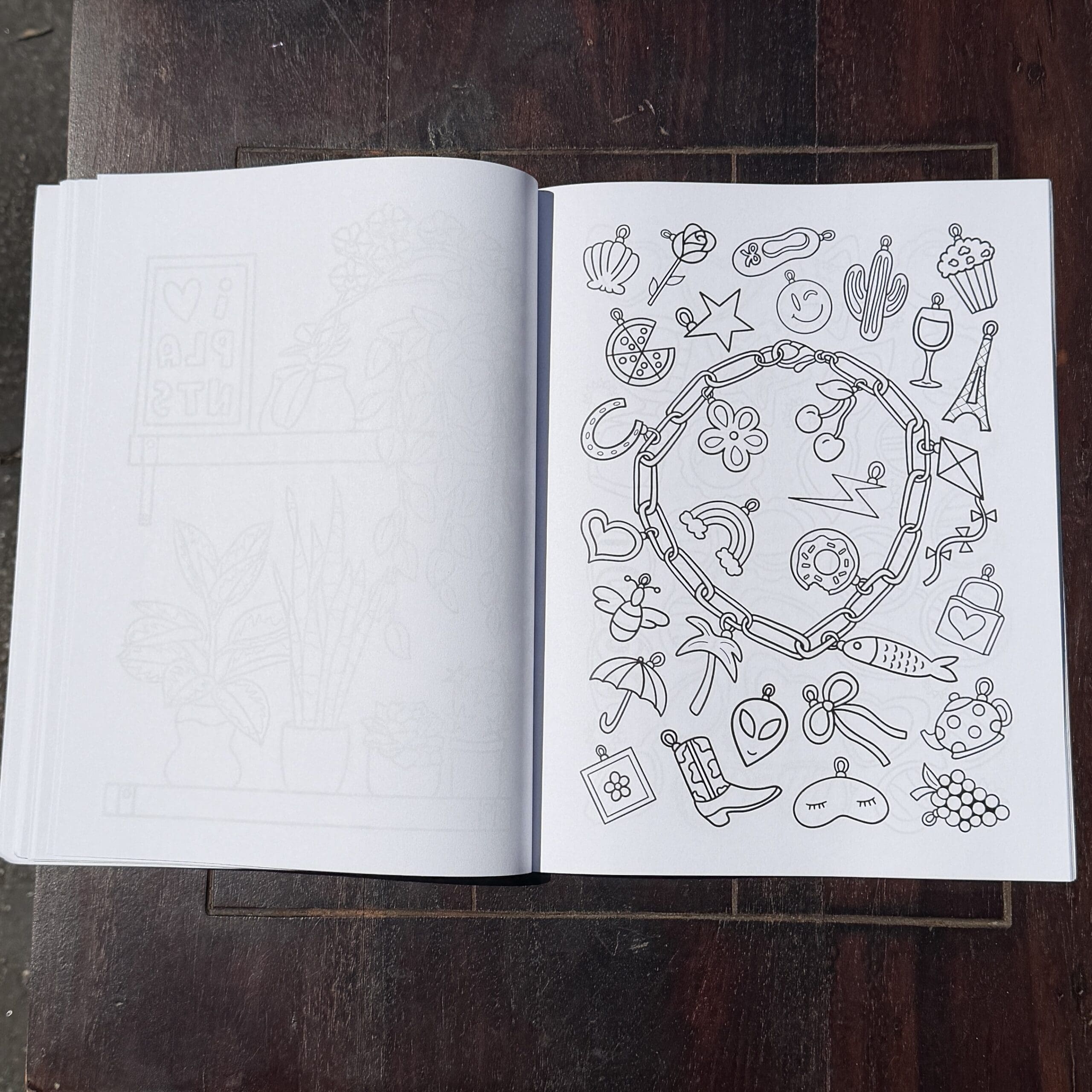 Charms page from Keepsakes & Collections: A Cute & Simple Coloring Book .