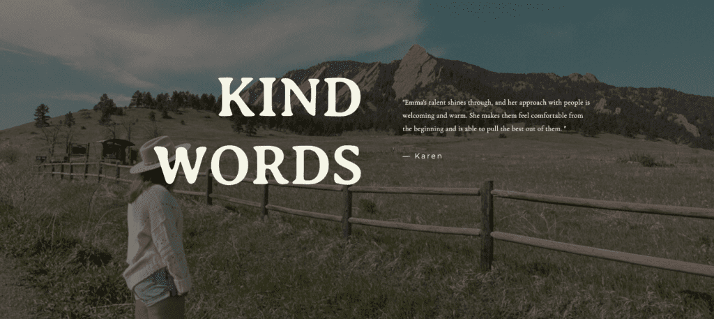 Screenshot of "kind words" on website with review for Emma Lula Creative.