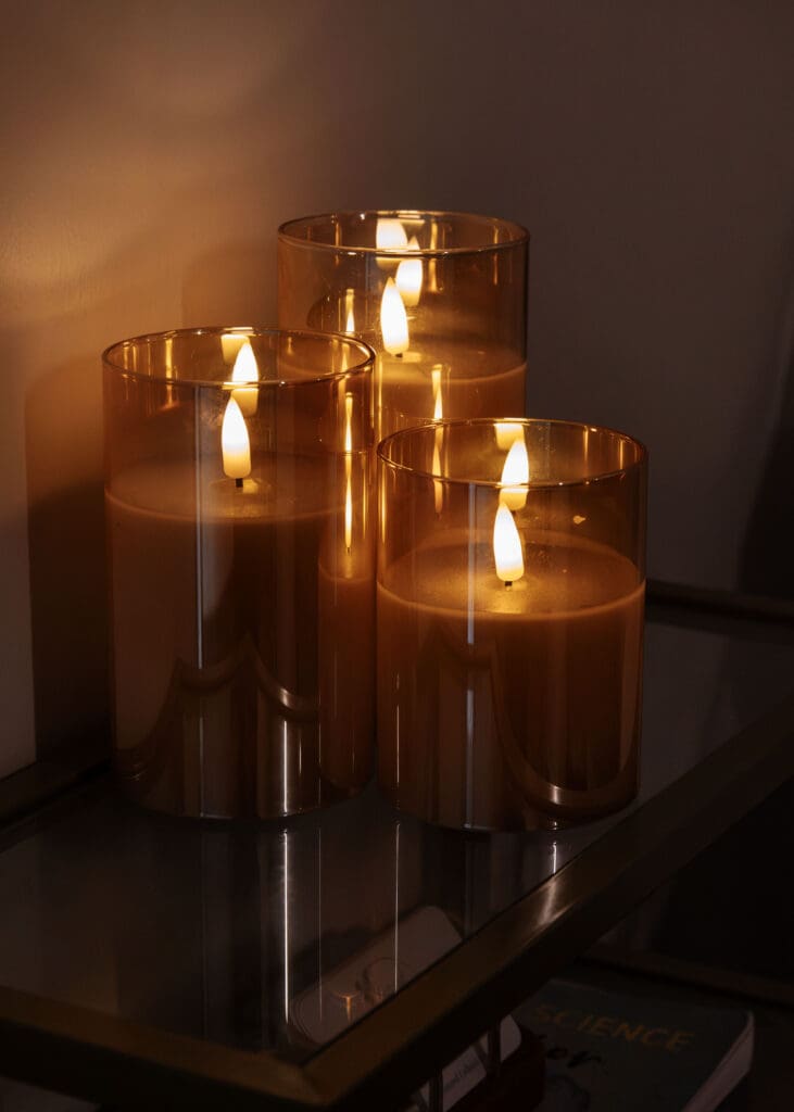 Close up of candles in beauty brand business in Norfolk, MA.