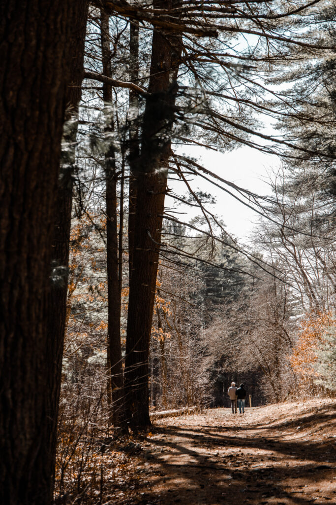 Couple walking hand in hand down nature trail.
